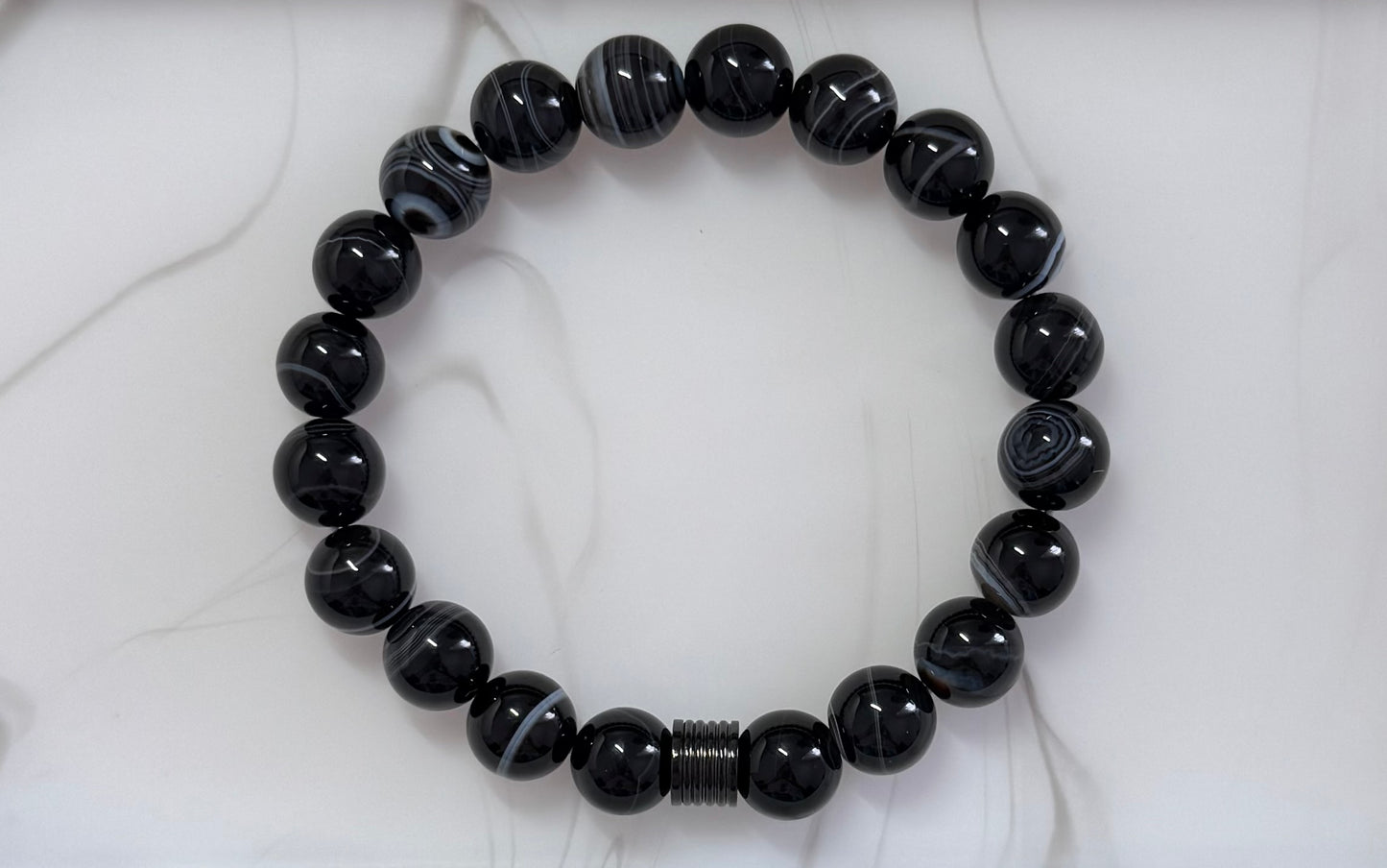 Stable Plain Sardonyx Bracelet or Sardonyx with Black Onyx and Stainless Steel Bead