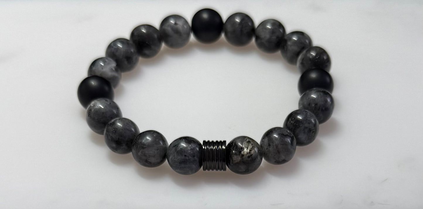 Protective Labradorite Bracelet with Agate or Black Onyx and Stainless Steel Bead