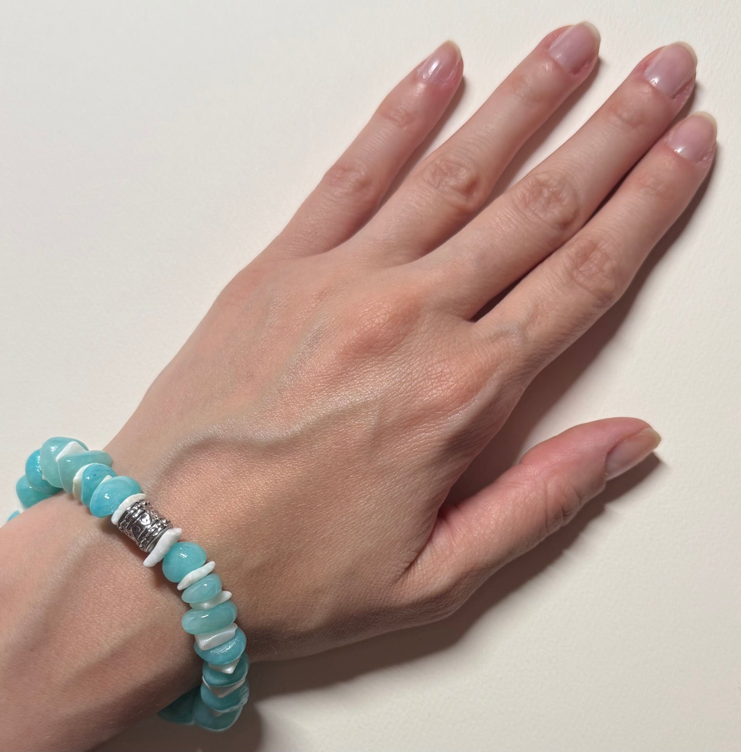 Peruvian Amazonite Stretch Bracelet with Shells & Stainless Steel Bead