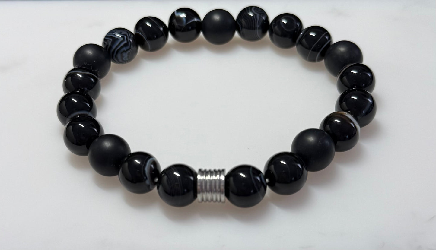 Stable Plain Sardonyx Bracelet or Sardonyx with Black Onyx and Stainless Steel Bead