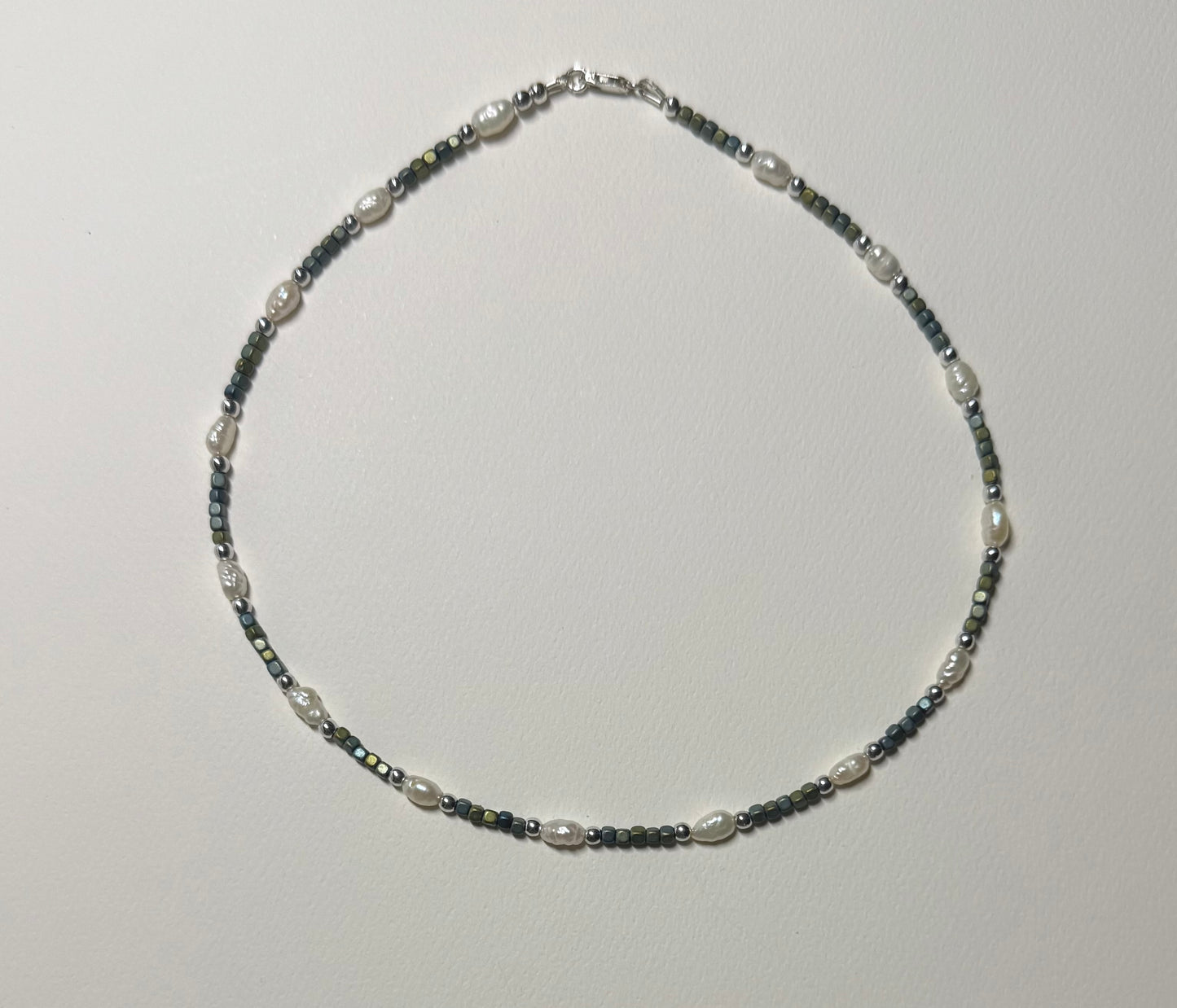 New! JH Hematite, Pearl Necklace with Silver Beads