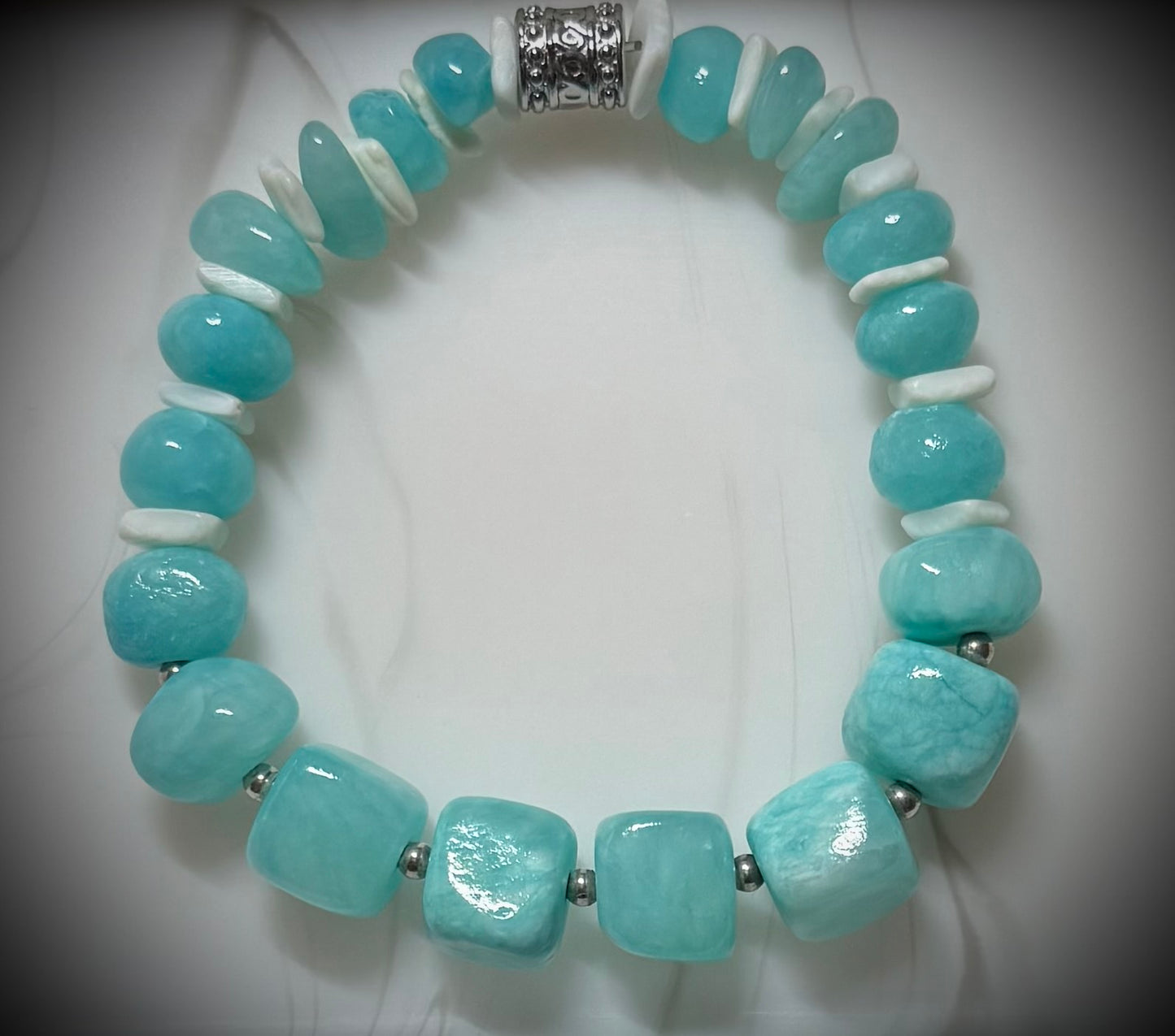 Peruvian Amazonite Stretch Bracelet with Shells & Stainless Steel Bead