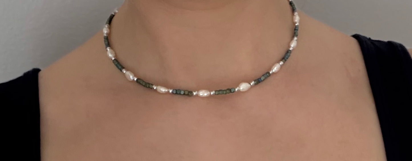 New! JH Hematite, Pearl Necklace with Silver Beads