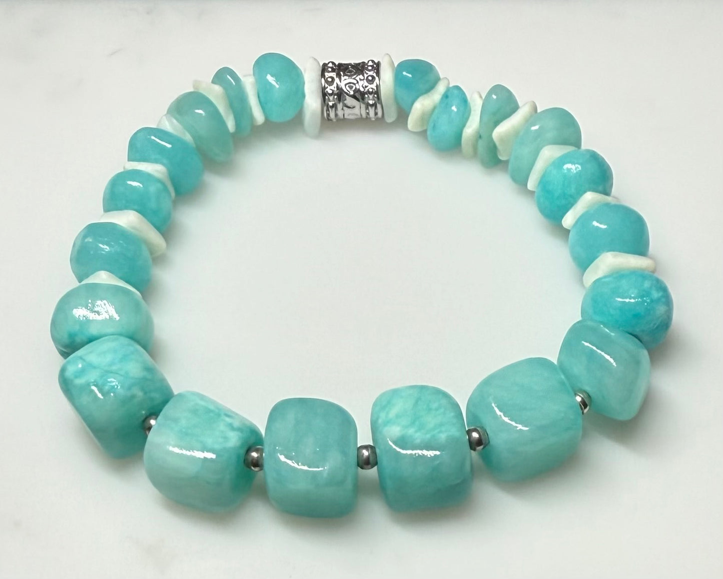 Peruvian Amazonite Stretch Bracelet with Shells & Stainless Steel Bead
