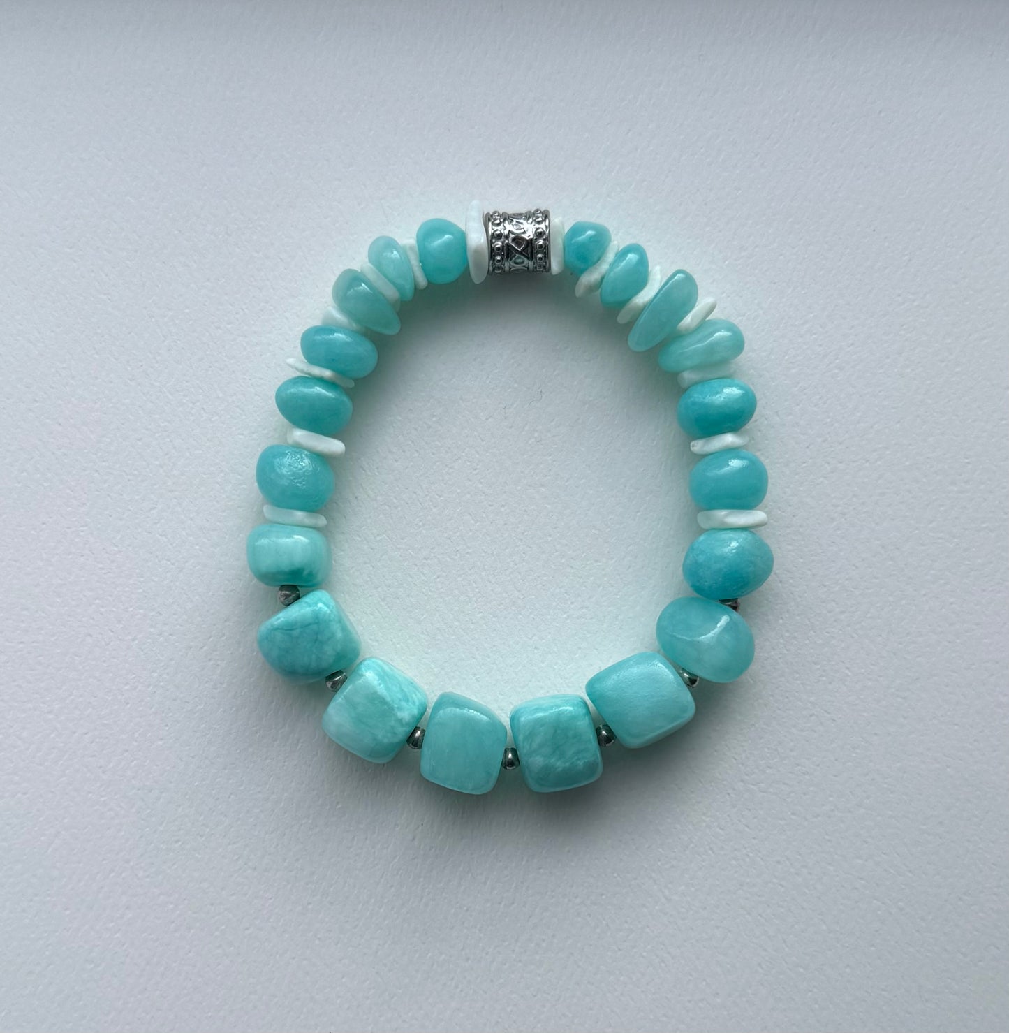 Peruvian Amazonite Stretch Bracelet with Shells & Stainless Steel Bead