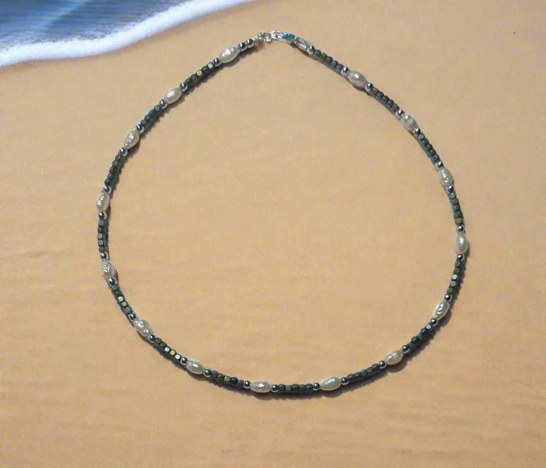 New! JH Hematite, Pearl Necklace with Silver Beads