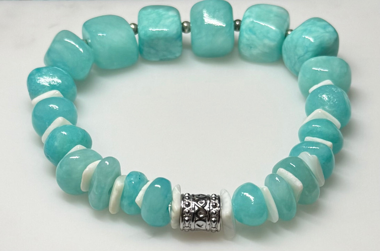 Peruvian Amazonite Stretch Bracelet with Shells & Stainless Steel Bead