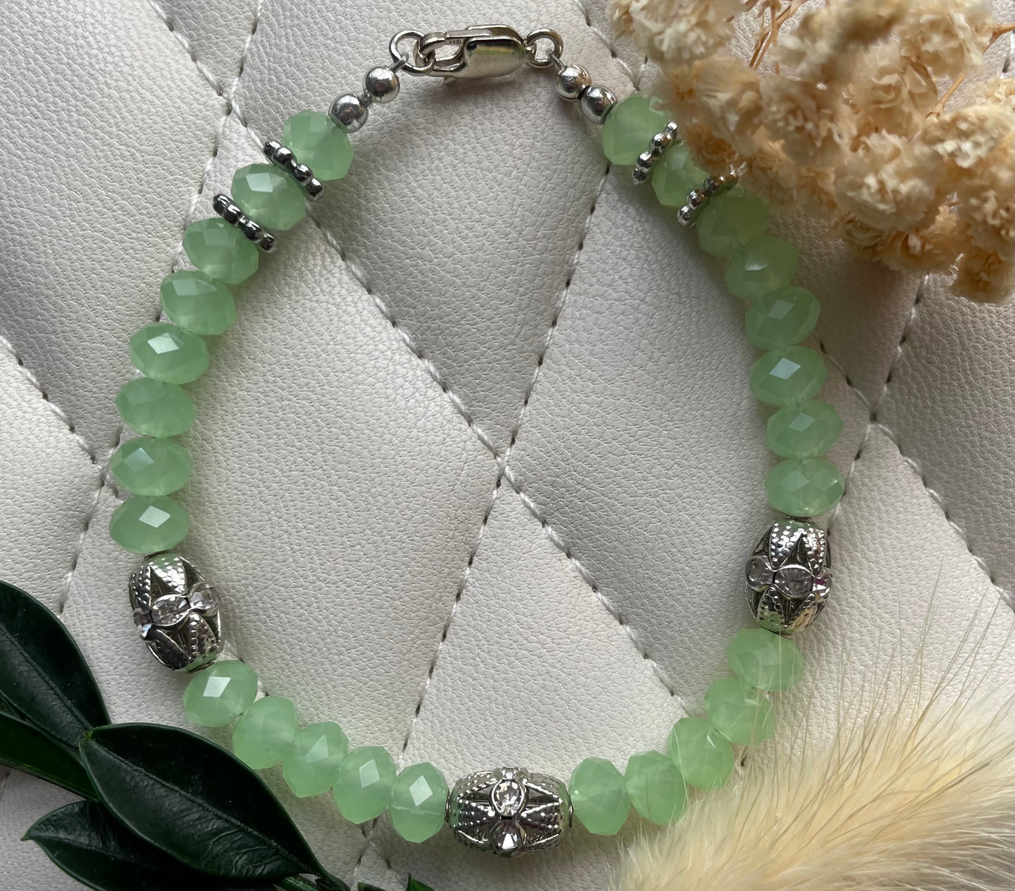 Green Glass Bracelet with Sterling Silver