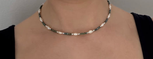New! JH Hematite, Pearl Necklace with Silver Beads