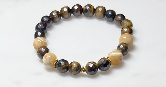 Tiger Eye Stretch Bracelet With Mother of Pearl