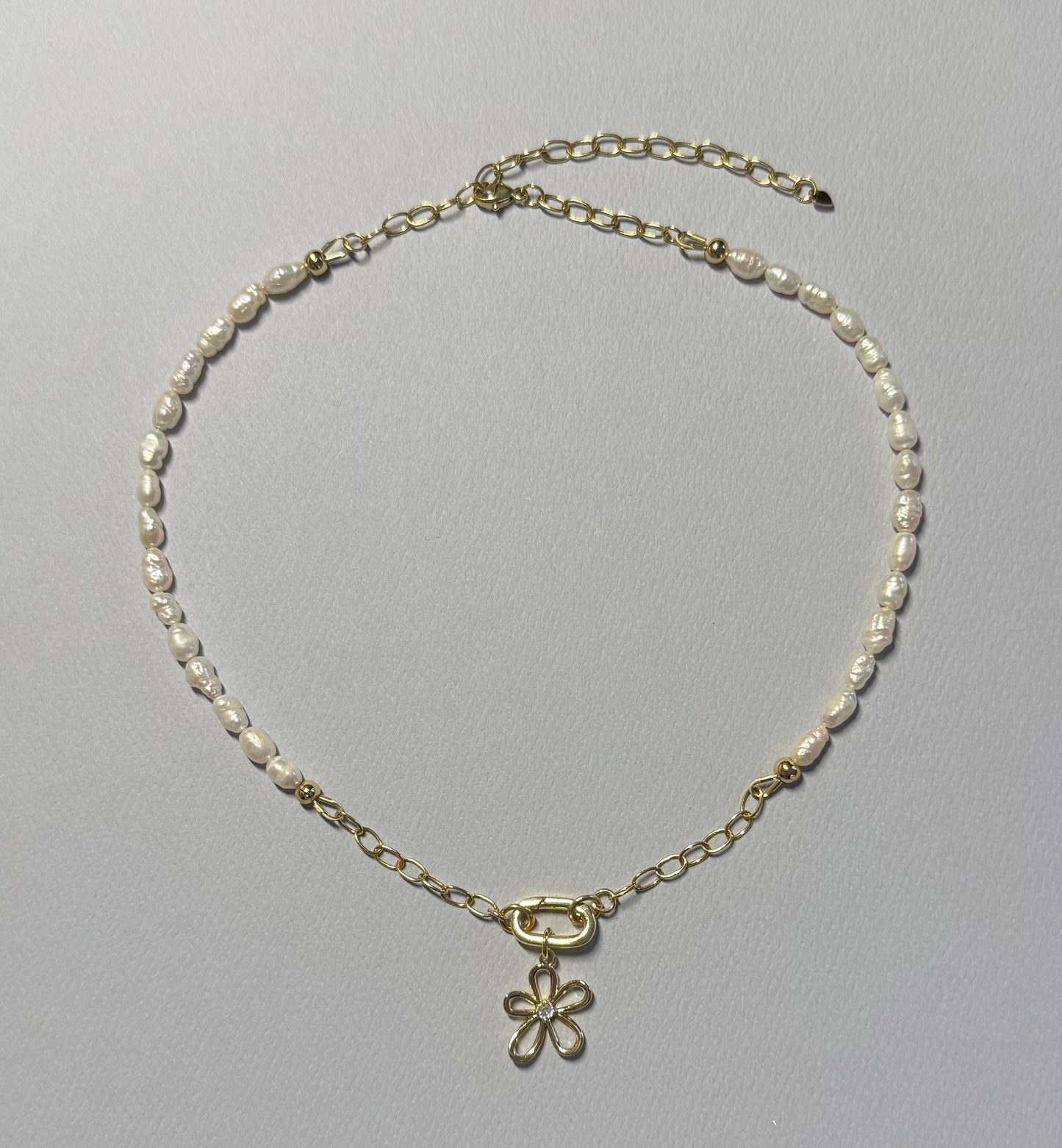JH Pearl Necklace with Oval Carabiner and Flower Charm [“Add On Any Charm”]