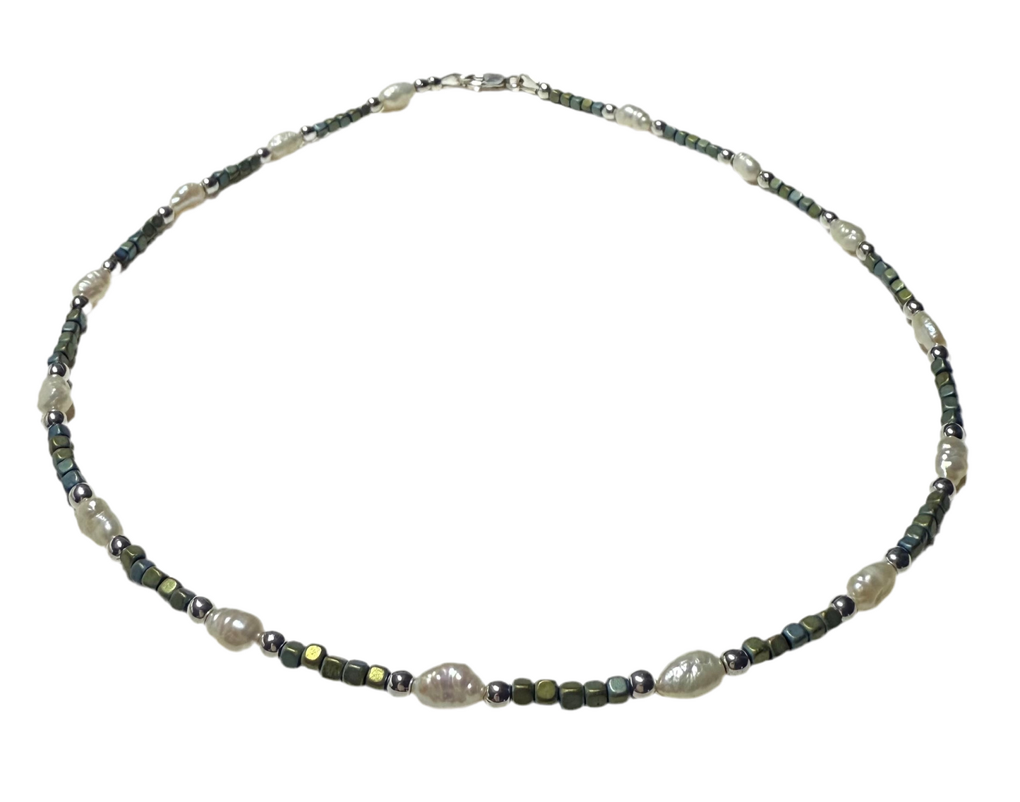 New! JH Hematite, Pearl Necklace with Silver Beads