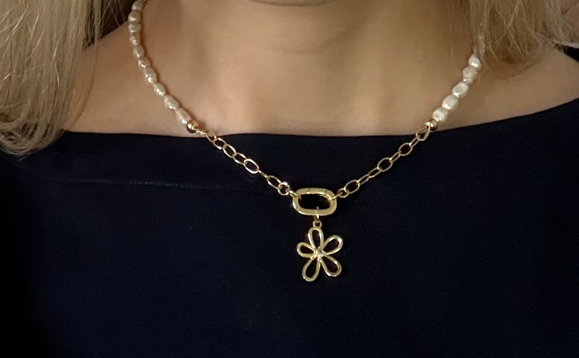 JH Pearl Necklace with Oval Carabiner and Flower Charm [“Add On Any Charm”]