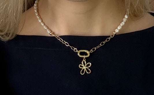JH Pearl Necklace with Oval Carabiner and Flower Charm [“Add On Any Charm”]