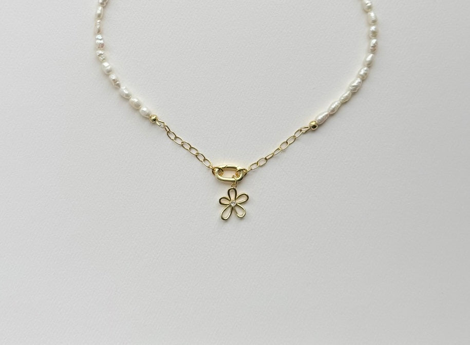 JH Pearl Necklace with Oval Carabiner and Flower Charm [“Add On Any Charm”]