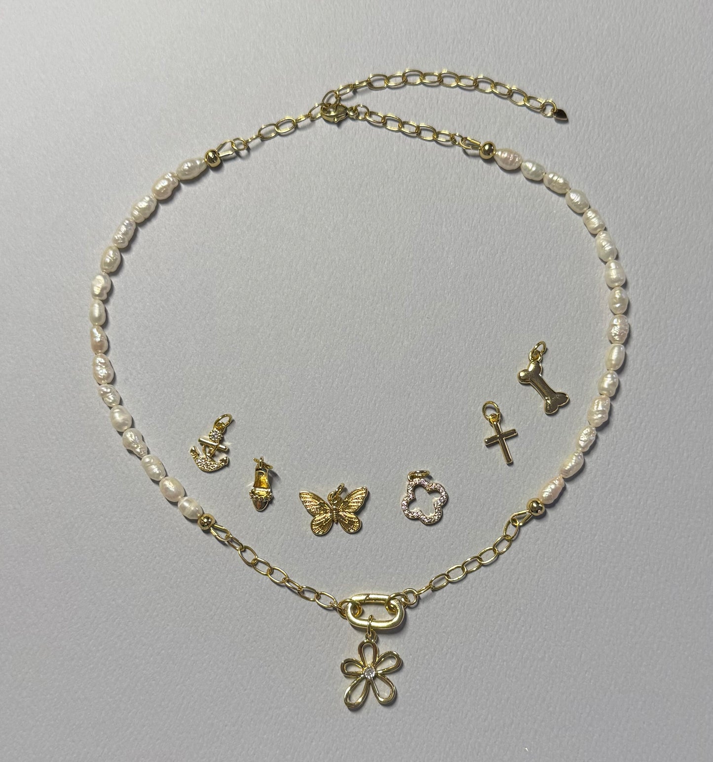 JH Pearl Necklace with Oval Carabiner and Flower Charm [“Add On Any Charm”]