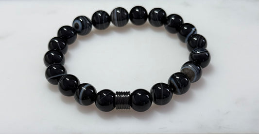 Stable Plain Sardonyx Bracelet or Sardonyx with Black Onyx and Stainless Steel Bead